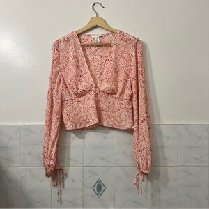 H&M Women’s M Pink Babydoll Y2K Fairycore Smocked Hem Floral Longsleeve Crop Top